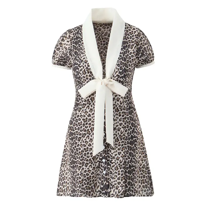 Vestido Mini de Verano con Estampado de Leopardo Manga Abullonada, Cuello en V, Lazo, Moda para Mujeres 2025 - 1