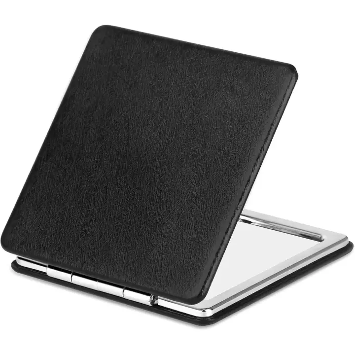 YTLX Bolso de bolsillo compacto para maquillaje, espejo cosmético plegable con aumento de 1x/2x, belleza de viaje portátil, tocador elegante negro - 1
