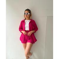 Conjunto de dos piezas para mujer, camisa de manga larga con cuello vuelto de tela arrugada, pantalones cortos con cordón de cintura alta, moda informal de talla grande - details 31