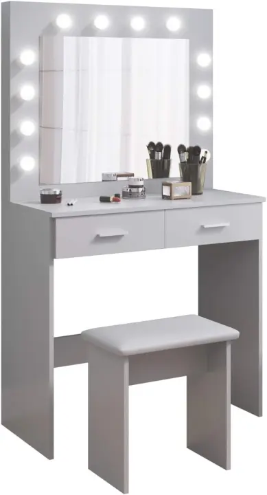 Mesa de Maquillaje con Hollywood LED Espejo, 2 Cajones Grandes y Taburete, Blanco, 80x40x140cm - 1
