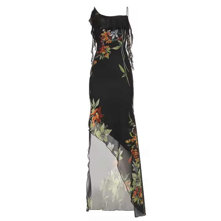 BUNO-vestido largo Irregular con estampado Floral, elegante, con volantes, estético, de malla, con tirantes finos, moda Vintage para mujer - 1