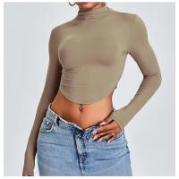 Top de entrenamiento de manga larga para mujer, diseño con orificio para el pulgar, Top de cuello alto con corte deportivo ajustado - details 14