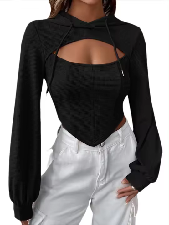 Sudaderas con capucha negras con corte hueco para mujer, top, sudaderas con capucha para mujer, ropa popular coreana - 1
