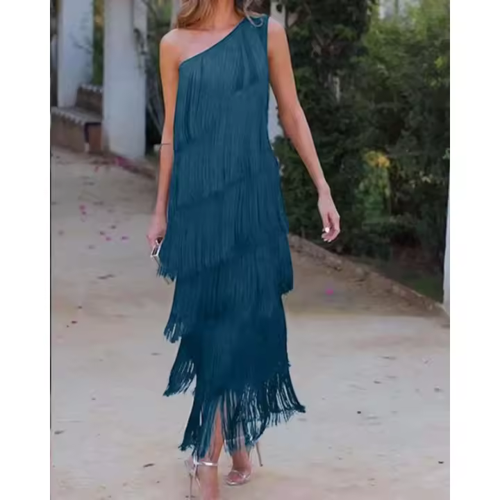 Vestido con diseño de empalme de borlas multicapa, cuello inclinado, color sólido, nueva moda 2024 - 1