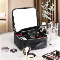 Bolsa de maquillaje con espejo grande con compartimentos para mujer, estuche de cosméticos de viaje de cuero PU impermeable, nuevo - details 3