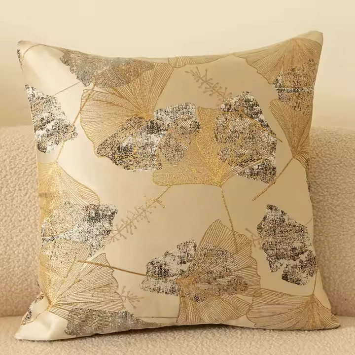 Fundas de Almohada Decorativas de Lujo para Sala de Estar Diseño de Hojas de Ginkgo Bronceado Dorado Estilo Nórdico para Sofá - 1