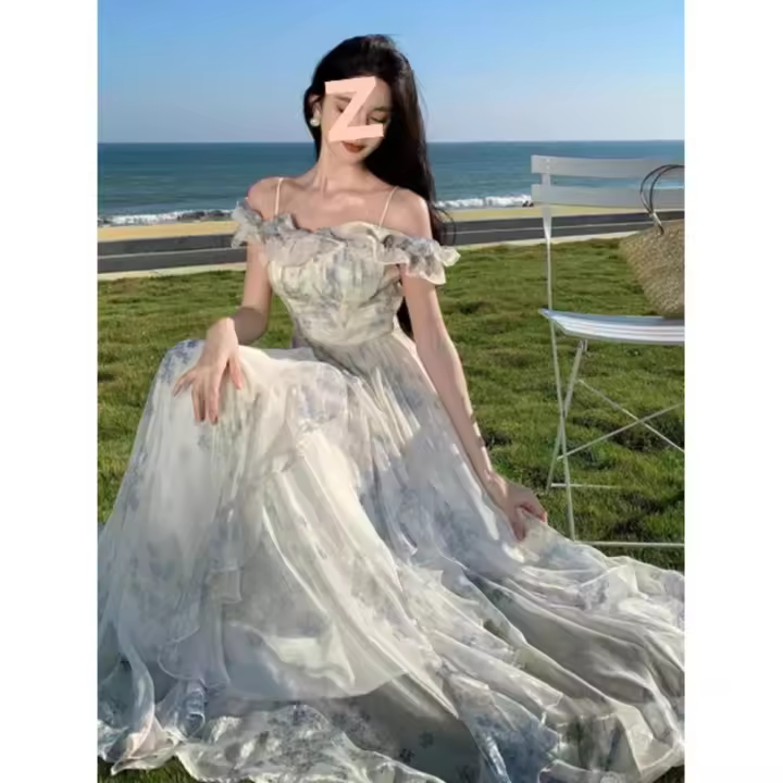Falda estilo vacaciones junto al mar, tirantes, borde de hilo con volantes, atmósfera de playa, abanico largo y elegante de hadas - 1