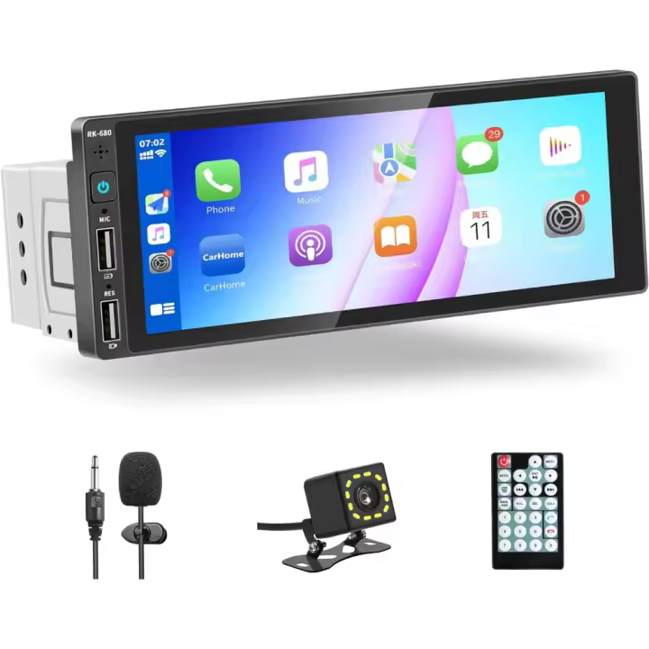 Coche Bluetooth DIN, 6.9" Pantalla Táctil Autoradio Soporte Mirror Link/FM Radio/USB/Micrófono/Cámara de Respaldo/Control Remoto - 1