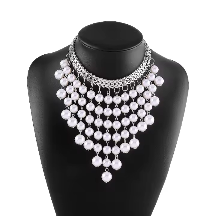 Collar con flecos de cadena de perlas retro, cadena de clavícula de gargantilla de industria pesada exagerada con personalidad de moda. - 1
