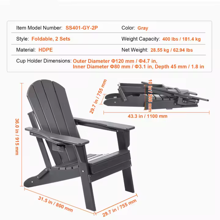 SucceBuy Juego de 2 sillas Adirondack, sillas de patio plegables para todo tipo de clima con portavasos, reposabrazos ergonómico y relajante - 1