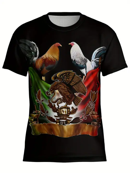Camiseta con estampado de bandera mexicana y gallo para hombre: camiseta suave 100% poliéster con cuello redondo, ligera y cómoda para todas las estaciones, uso informal para el día a día, el hogar, los viajes, el fitness - 1