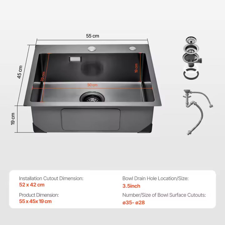 SucceBuy Fregadero de cocina Topmount, lavabo empotrado de un solo cuenco, acero inoxidable - 1