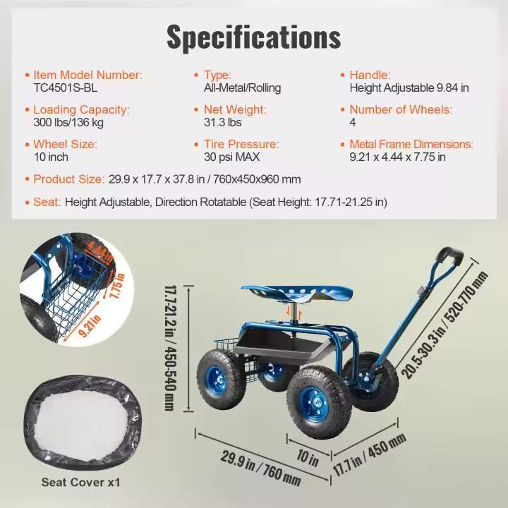 SucceBuy Carro de jardín con ruedas y ruedas, 360 ° Taburete de jardinería con asiento giratorio, bandeja de herramientas de utilidad, mango de dirección para patio y patio - 1