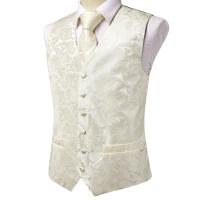 Chaleco de seda negro para hombre, conjunto de gemelos y pañuelo con corbata de Jacquard de Cachemira, chaleco Formal de negocios sin mangas con cuello en V - details 16