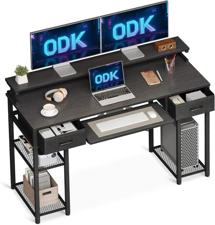 Ordenador, Escritorio con 2 Cajones y Bandeja para Teclado, Escritorio de Oficina con Soporte para Monitor, Mesa de Escritorio con Estante Reversible para Oficina (Blanco) - 1