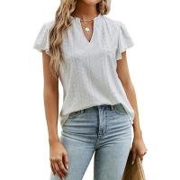 2025 primavera y verano europeo y americano nuevo jacquard con cuello en v mangas apiladas camiseta de manga corta top ropa de mujer - details 4