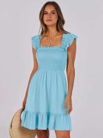 Vestido Mini de Verano Casual Boho para Mujer 2025 Cuello Cuadrado sin Mangas con Volantes de Cintura Swing A-e - details 10