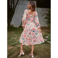 Vestido con cuello cuadrado para mujer, vestidos florales de manga larga, elegante y bonito, - details 11