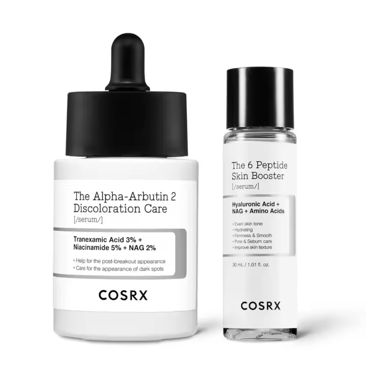 COSRX Spotless Glow Duo - 2% Alfa Arbutina Cuidado de la decoloración facial 1.7 + Suero potenciador de la piel con péptidos 6X en miniatura 1 fl.oz - 1