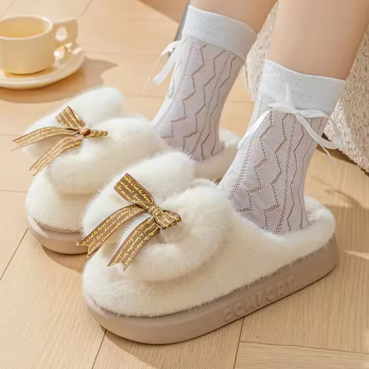 Zapatillas de algodón con encaje para mujer, hogar cálido, suela gruesa, a la moda, otoño e invierno - 1