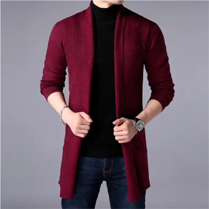 Sweater Coats Men New Fashion Autumn Men's Slim Long Solid Color Knitted Jacket Fashion Men's Casual Sweater Cardigan Coats - 1