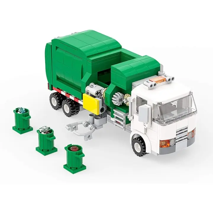 Kits de construcción de camiones de basura, bloques de construcción de camiones de basura con 3 botes de basura, juguetes de construcción de camiones de saneamiento - 1