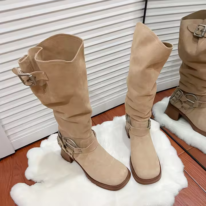 Botas con hebilla de cinturón Botas vaqueras de tacón alto y grueso para mujer Botas de hombre esmeriladas - 1