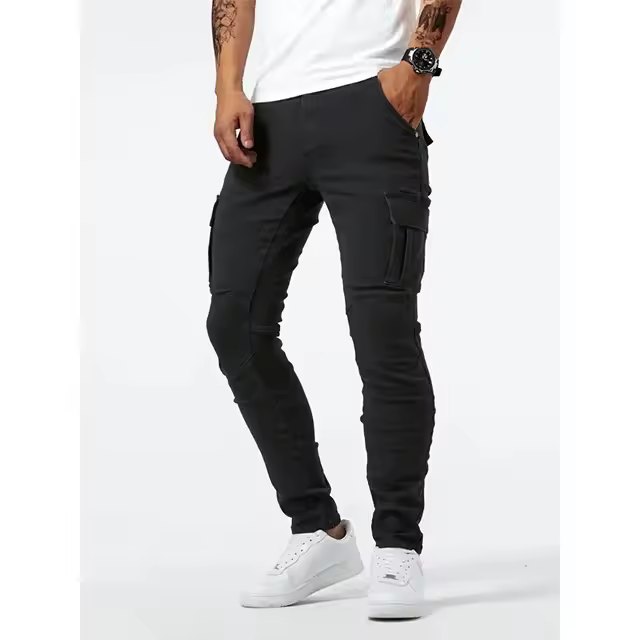 Jeans de Cargo de Denim Pantalones Casuales para Hombres de Cintura Media, Ajuste Delgado, Múltiples Bolsillos, Color Sólido - 1