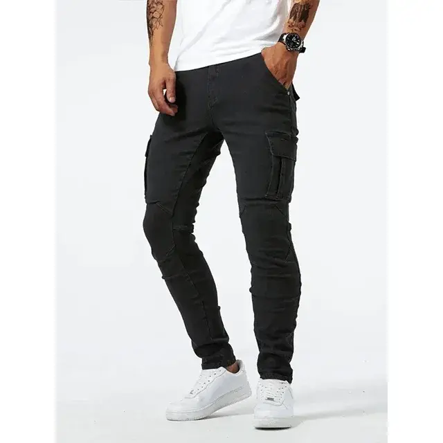 Jeans de Cargo de Denim Pantalones Casuales para Hombres de Cintura Media, Ajuste Delgado, Múltiples Bolsillos, Color Sólido - 1