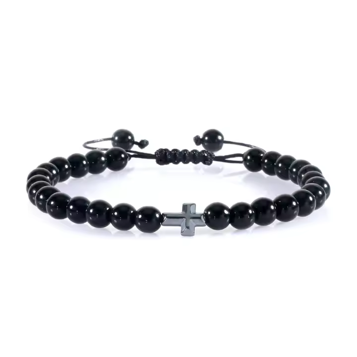 Pulsera de Piedra Natural 6mm Estilo Trenzado para Hombres y Mujeres Cruza de Oración Jesús - 1