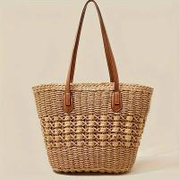Bolso de Paja Hueco a Moda Casual Bolso de Playa para Mujeres de Gran Capacidad con Cinturón de Trenza Ideal para Compras Diarias y Viajes - details 4