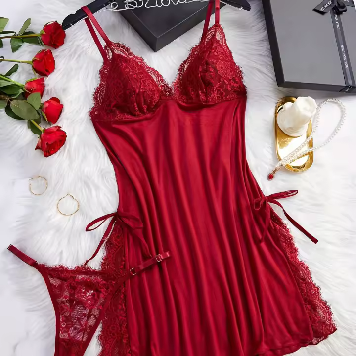 Conjunto de camisón y braguita de diseño encantador con tirantes finos y cuello en V, ropa sexy para mujer - 1