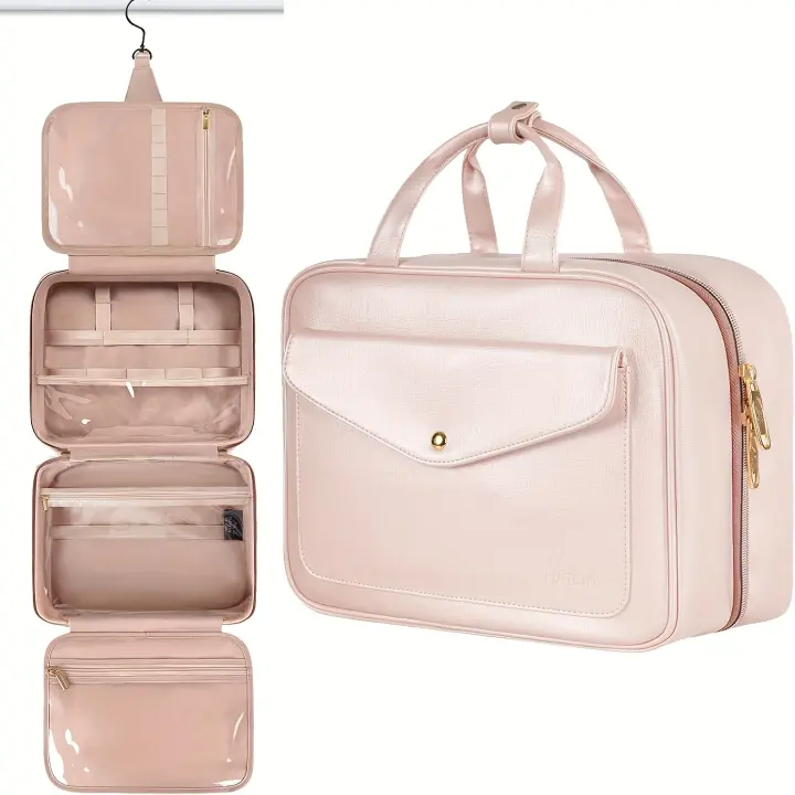 Bolsa de aseo de viaje para mujeres, neceser de maquillaje, colgante de piel sintética de 9 litros con asa de metal - 1