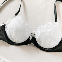 Conjunto de lencería sexy en contraste blanco y negro de 2 piezas translúcido con bordado de lazo de corazón, sujetador y braga para mujer - details 14