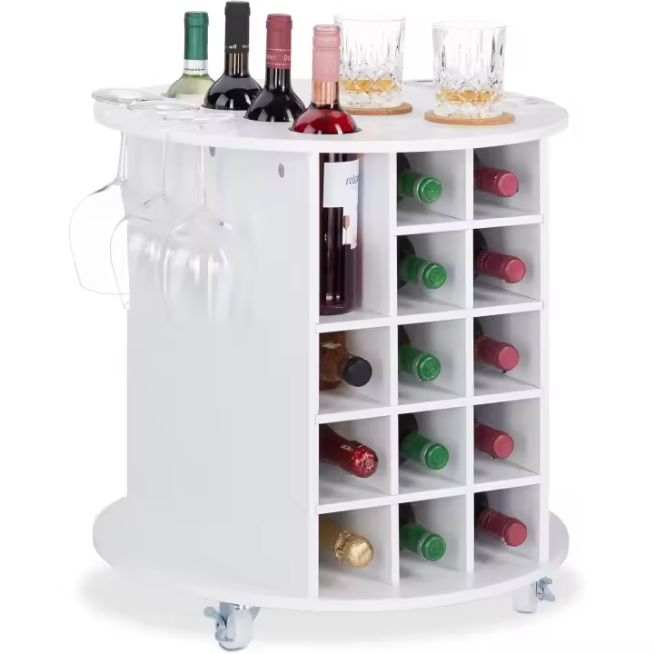 Botellero Vino Giratorio para 17 Botellas y 6 Copas, DM-Plástico, Blanco, 56x54cm - 1