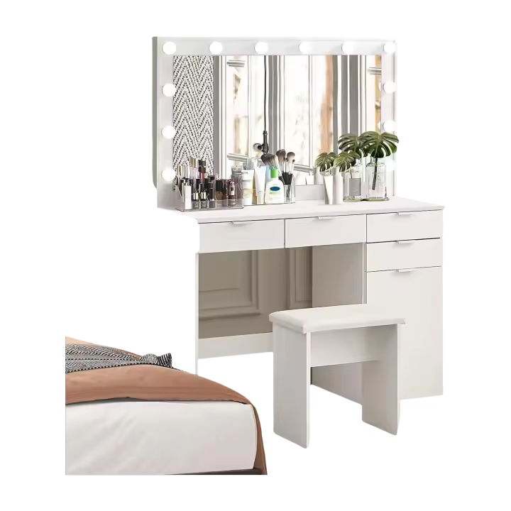 Taburete, Tocador con 4 Cajones y 1 Armario Cerrado para Dormitorio - 1