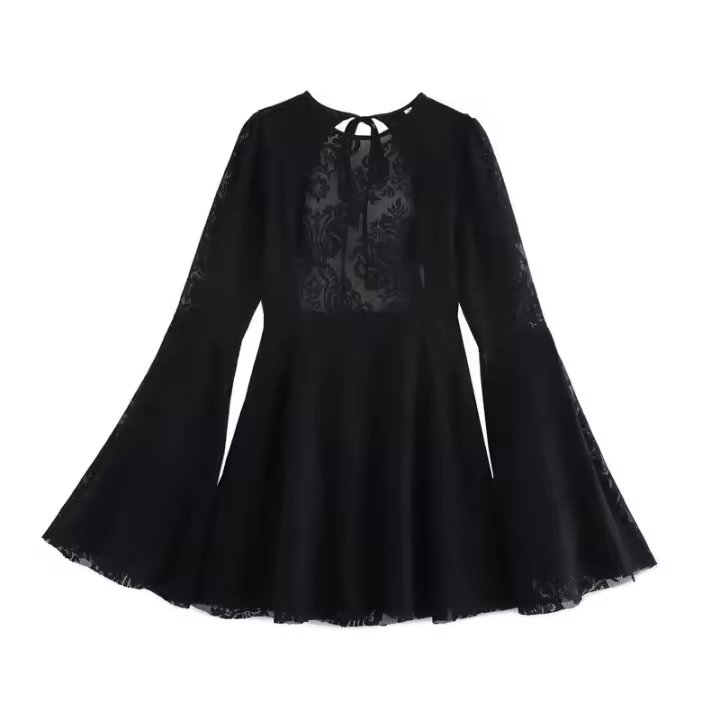 OUWU- Vestido de manga larga de trompeta sin espalda con cuello redondo estilo europeo y americano, vestido pequeño negro de encaje sexy para chica caliente. - 1