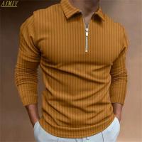 Polo deportivo informal con solapa de color liso para hombre, camisa de manga larga a rayas con cremallera, alta elasticidad, novedad Otoño/Invierno 2024 - details 5