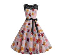 Lace patchwork summer women a line elegant vintage party dress with belt - details 105