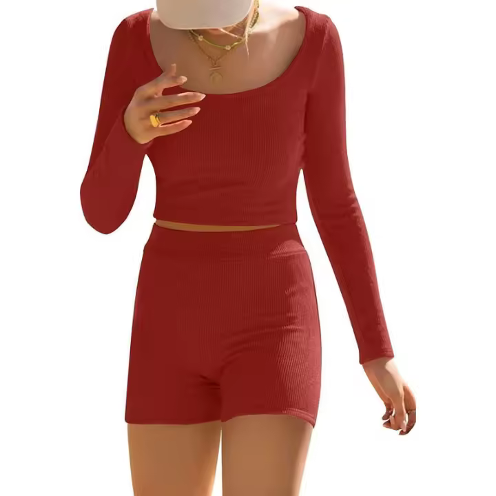 BUNO-Conjunto de ropa de estar por casa para mujer, tops ajustados de manga larga y pantalones cortos de motorista, 2 piezas, verano, 2025 - 1