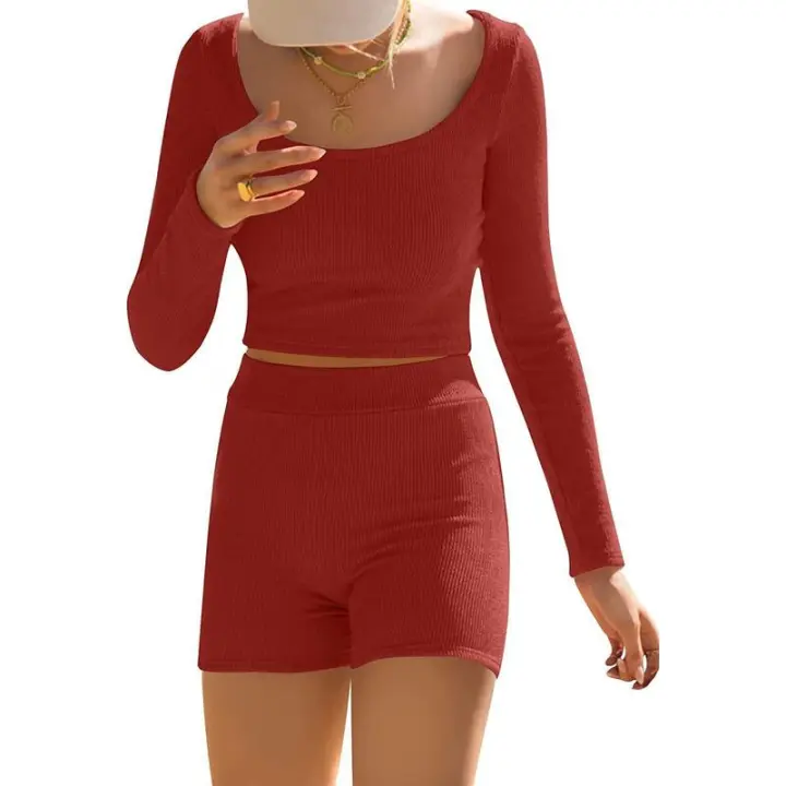 BUNO-Conjunto de ropa de estar por casa para mujer, tops ajustados de manga larga y pantalones cortos de motorista, 2 piezas, verano, 2025 - 1
