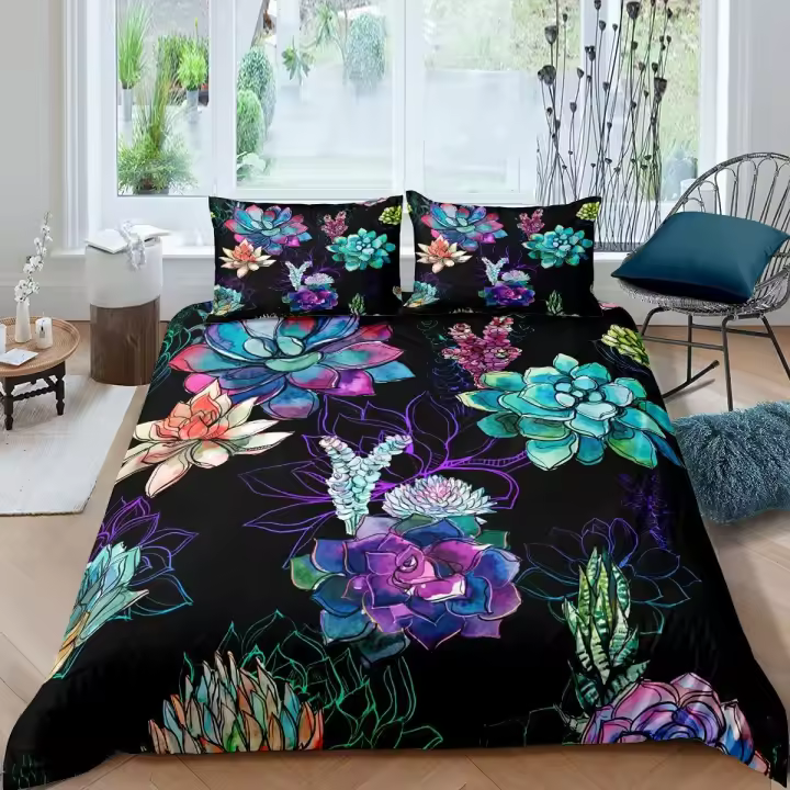 Juego de cama de suculentas, funda nórdica de flores exóticas, tamaño doble para niños, niños, niñas, ramas, hojas, funda de edredón Floral de poliéster - 1