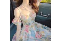 Exquisito vestido con hombros descubiertos estampado de alta gama con un temperamento femenino, cintura ceñida y dulce leche de súper hada - details 3