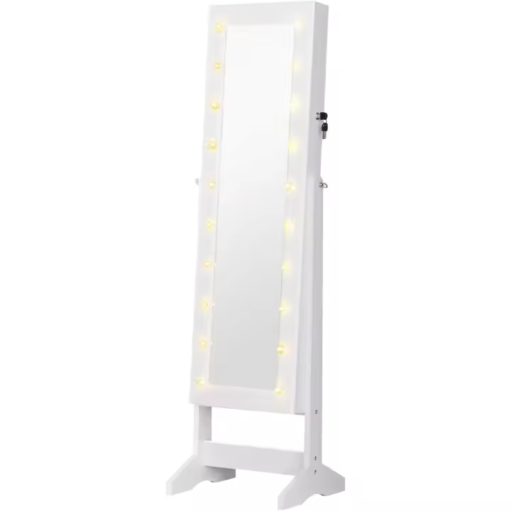Espejo Joyero con 20 Luces LED Armario Joyero Reclinable con Guarda Joyas Anillos Pendientes Collares Cerradura y Llaves 40x37x146 cm Blanco - 1