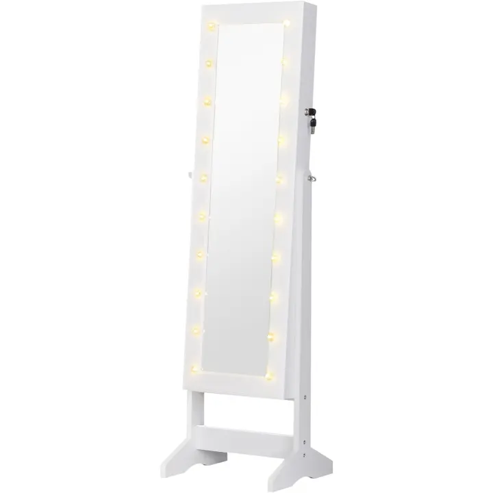 Espejo Joyero con 20 Luces LED Armario Joyero Reclinable con Guarda Joyas Anillos Pendientes Collares Cerradura y Llaves 40x37x146 cm Blanco - 1