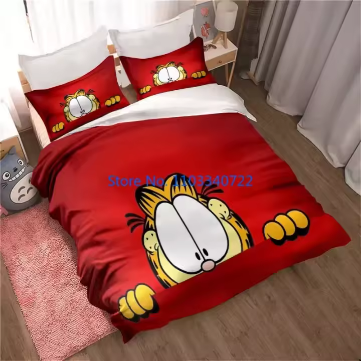 Conjunto de Ropa de Cama de Gato 3D Naranja Funda de Almohada de Anime Lindo - 1