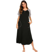 Camisón de algodón elástico de manga corta y largo con bloques de color y bolsillo para mujer, ropa de estar y pijama para primavera/verano - details 8