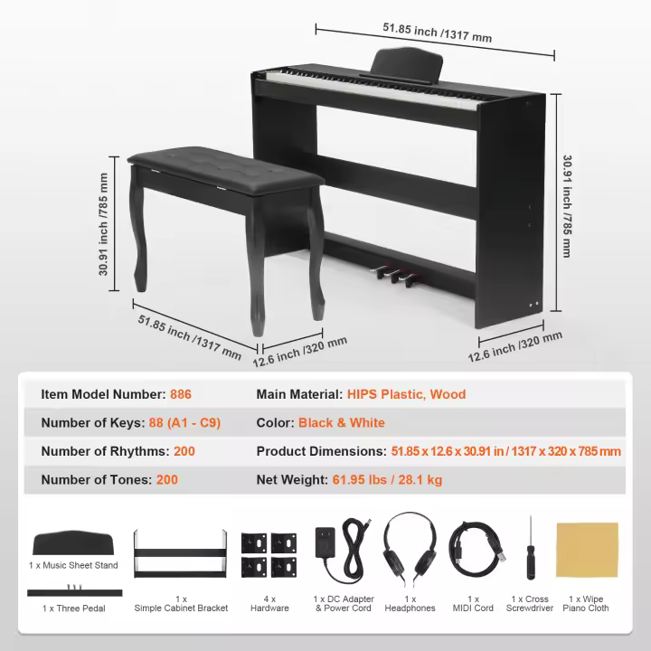 SucceBuy Piano digital contrapesado: 88 teclas totalmente contrapesadas, teclado dual, parlantes, 200 tonos/r ritmos, Bluetooth/USB/MIDI - 1