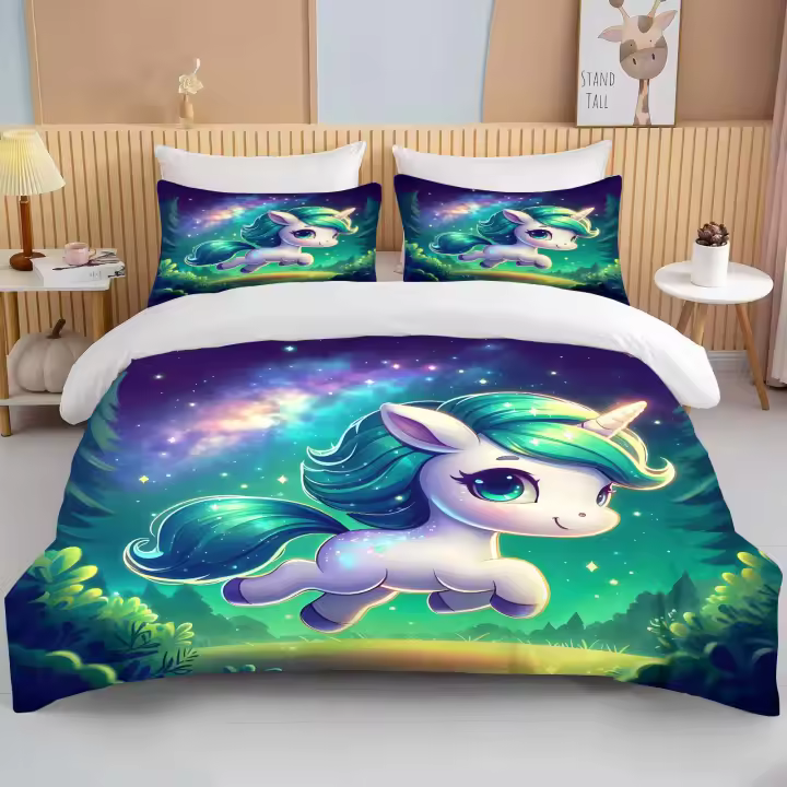 Conjunto de Ropa de Cama de Unicornio de Dibujos Animados Juego de Cubrecuerna de Poliéster para Adultos y Niños Regalo de Lujo para Hogares - 1