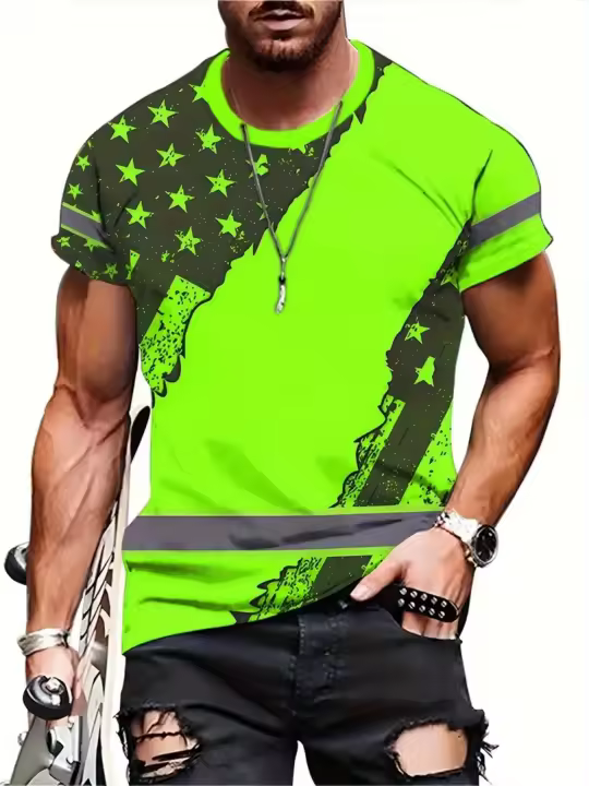 Camiseta con estampado gráfico 3D vibrante para hombre: camiseta unisex de manga corta para todas las estaciones con diseño atrevido de estrellas y rayas para uso informal, de viaje y de fitness, top apto para viajes |   Camisa casual a rayas |   Tela de - 1